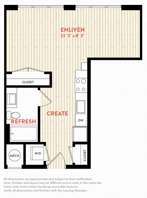 Floor plan for studio, 1 bath, 503 sqft
